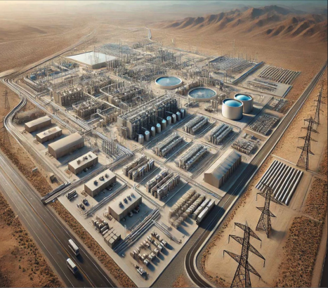 A large industrial complex sits in the desert, with tanks, pipelines and power infrastructure spread across the site. Mountains rise in the distance under a hazy sky.