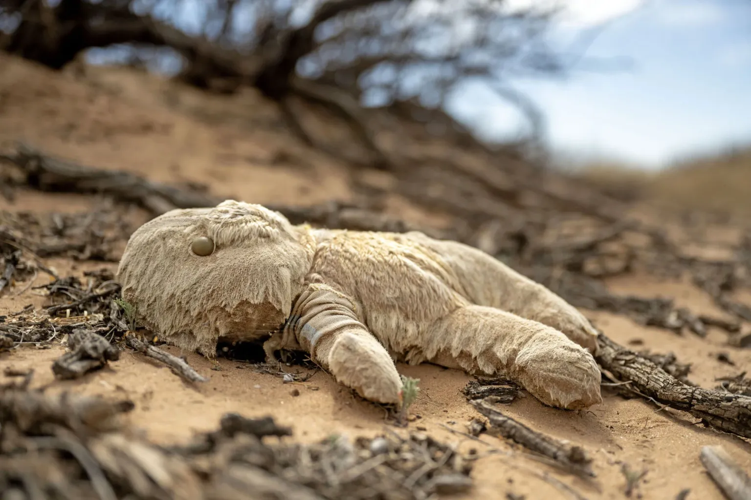A worn stuffed toy lies partially buried in sandy desert terrain with tree branches in the background.