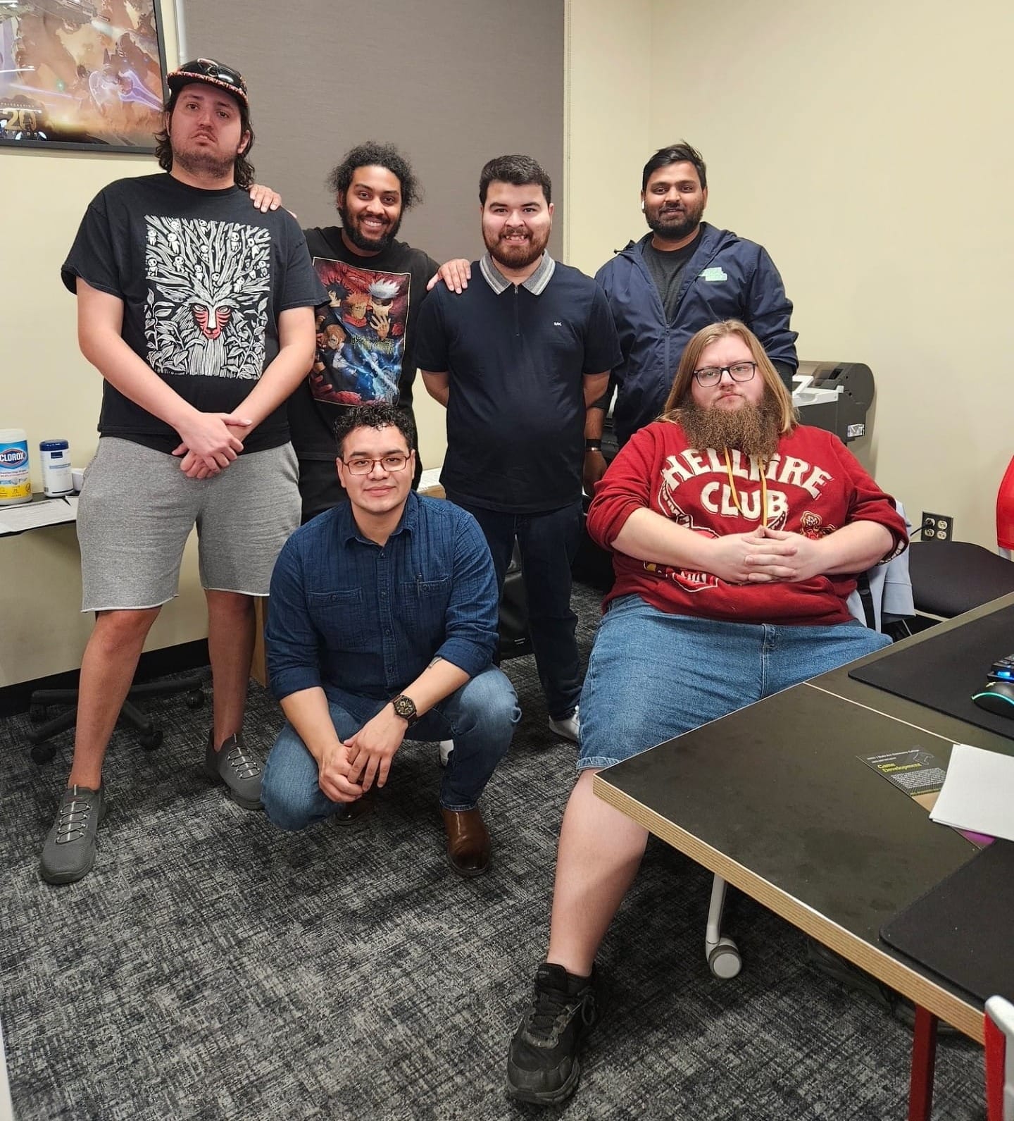 A group of six Doña Ana Community College students pose inside a classroom during the Global Game Jam weekend event.