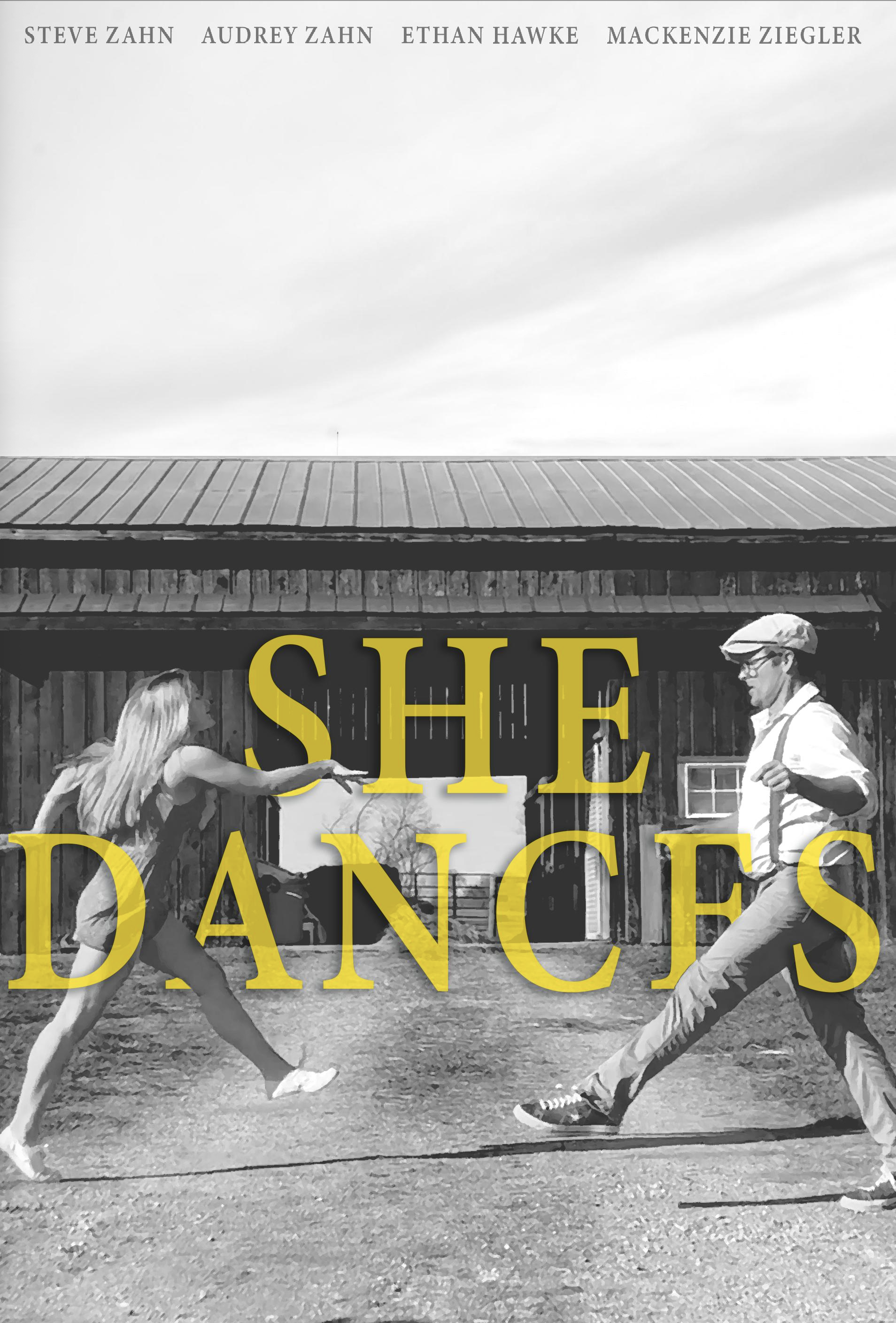 Poster for the film She Dances shows a black-and-white image of a man and young woman dancing in front of a rustic barn, with the title “SHE DANCES” in large yellow letters.