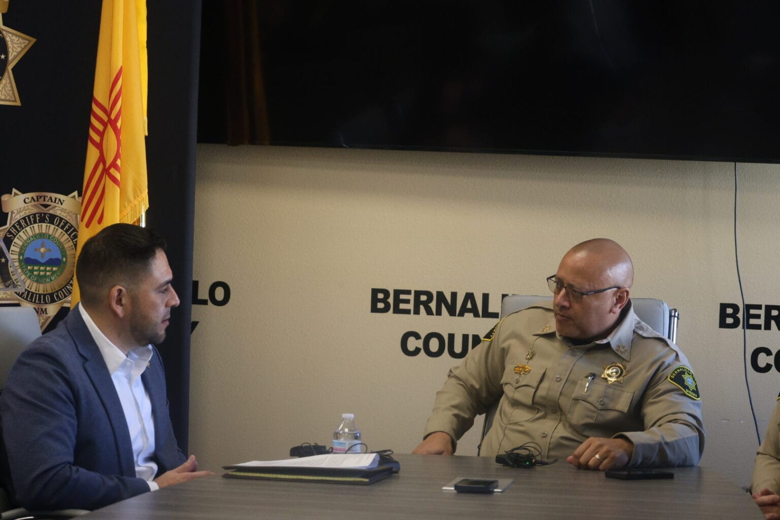 U.S. Rep. Gabe Vasquez speaks with Bernalillo County Sheriff John Allen during a Feb. 20, 2026 news conference at the Bernalillo County Sheriff’s Office headquarters in Albuquerque, where officials discussed the use of drones in local law enforcement.