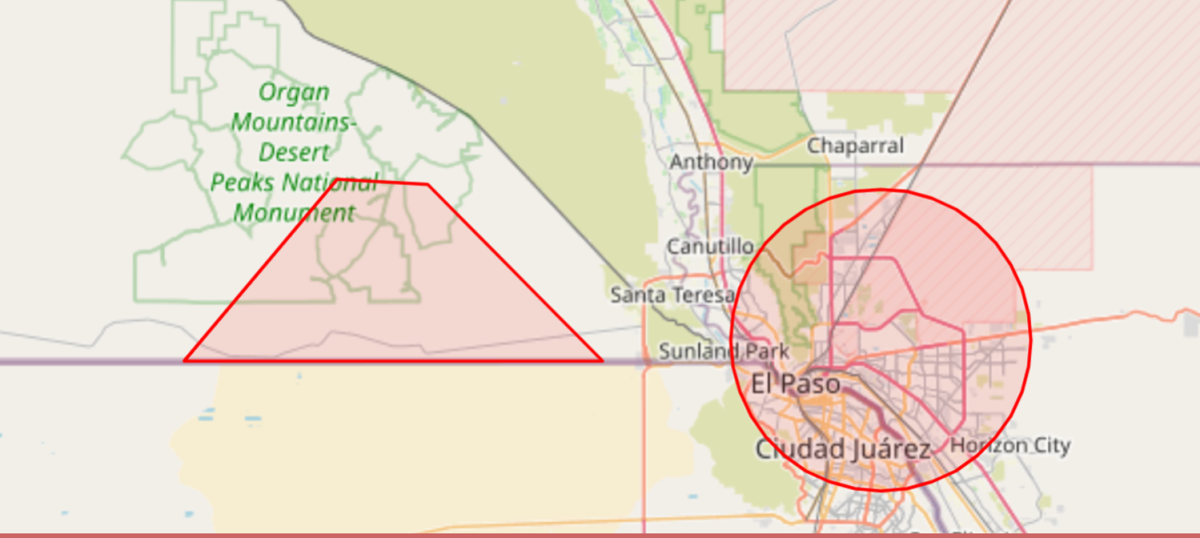 Map shows FAA flight restriction area over El Paso and surrounding region, including parts of southern New Mexico near Santa Teresa and the Organ Mountains.