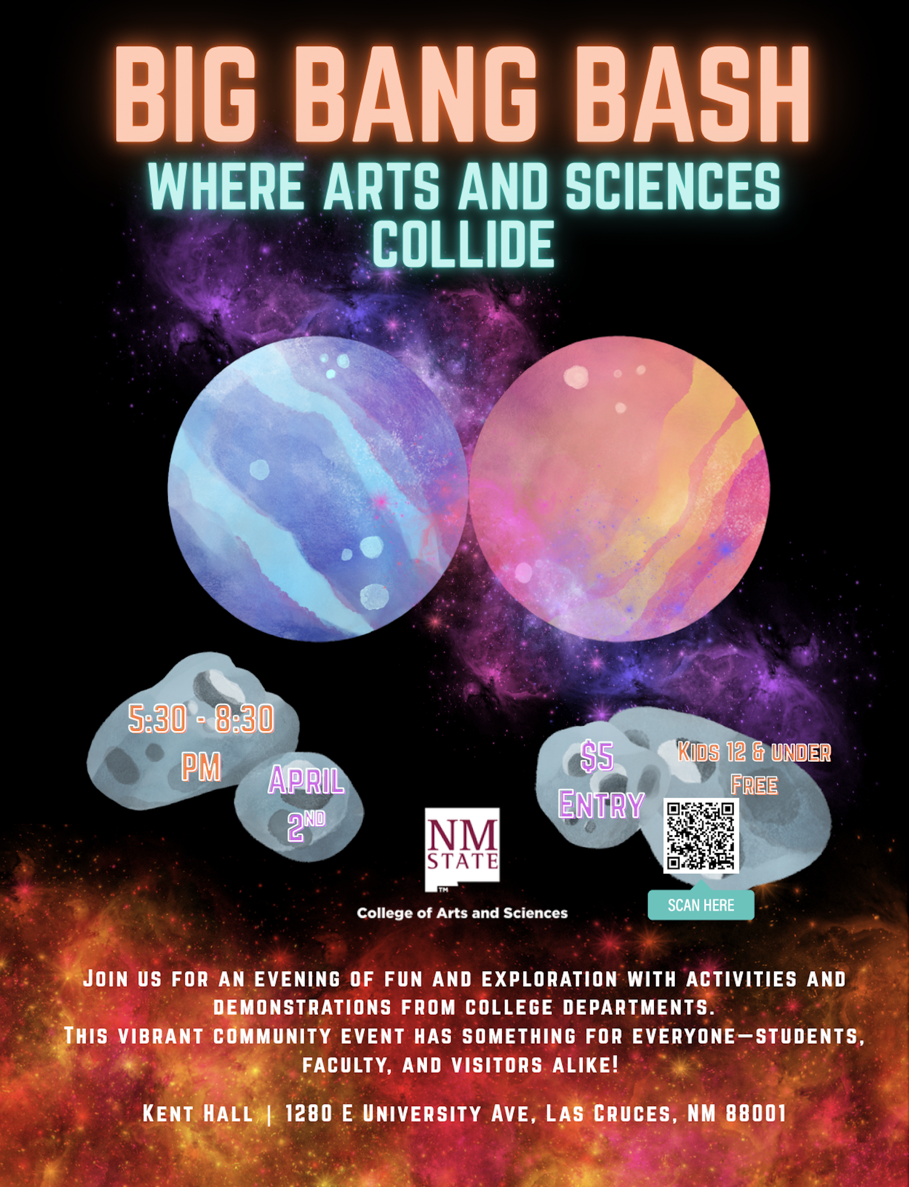 Poster for NMSU Big Bang Bash with event details including April 2, 5:30–8:30 p.m., at Kent Hall.