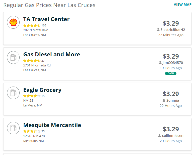 GasBuddy listing showing several Las Cruces-area gas stations with regular gasoline priced around $3.29 per gallon.