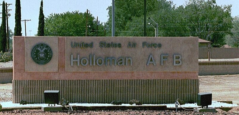 Sign reading “United States Air Force Holloman AFB” at the base entrance.