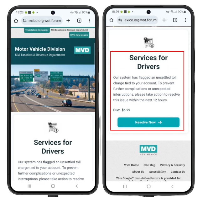 Screenshots of fraudulent websites mimicking New Mexico MVD pages, showing a fake toll charge notice and payment prompt on mobile devices