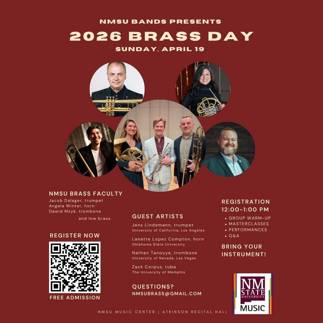 Promotional flyer for NMSU’s 2026 Brass Day showing guest artists, event details, schedule highlights and a QR code for registration.