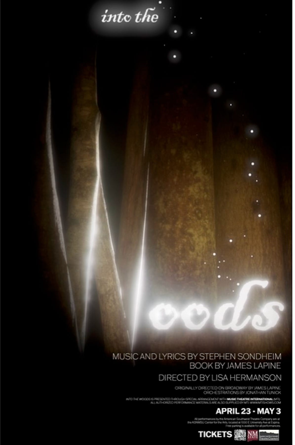 Poster for NMSU Theatre’s production of “Into the Woods,” featuring stylized tree imagery and performance dates April 23 through May 3.