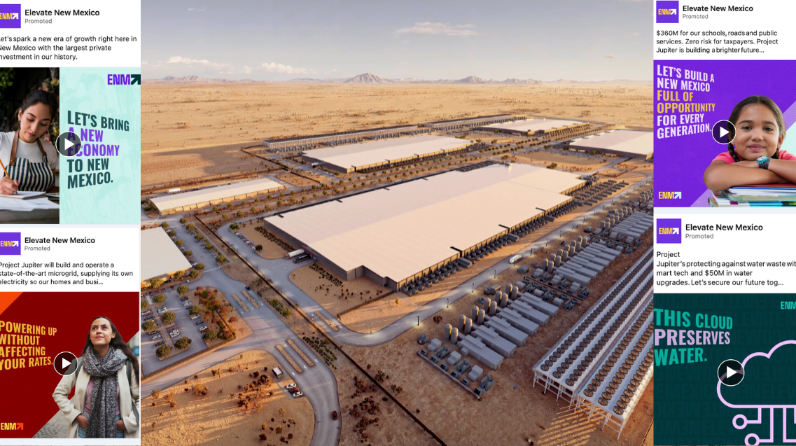 Composite image showing Project Jupiter promotional ads alongside a rendering of a large industrial complex in a desert setting.