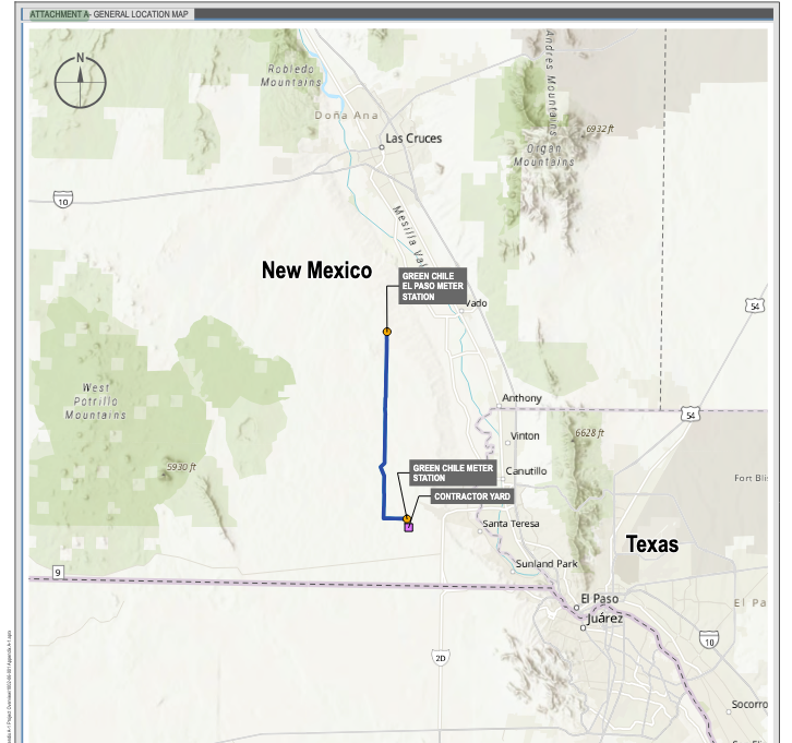 Map showing proposed Green Chile pipeline route near Las Cruces and Santa Teresa, connecting meter stations in southern New Mexico