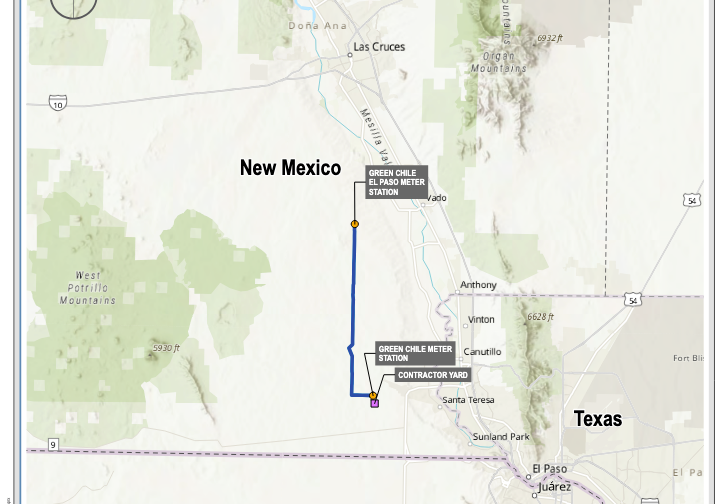 Map shows proposed natural gas pipeline route in southern New Mexico, running from a contractor yard near Santa Teresa north to the Green Chile Meter Station west of Las Cruces.