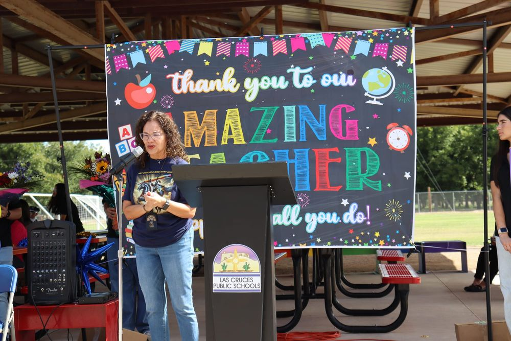 Nancy Orta speaks after being named the 2026 New Mexico Teacher of the Year during a ceremony at East Picacho Elementary in Las Cruces