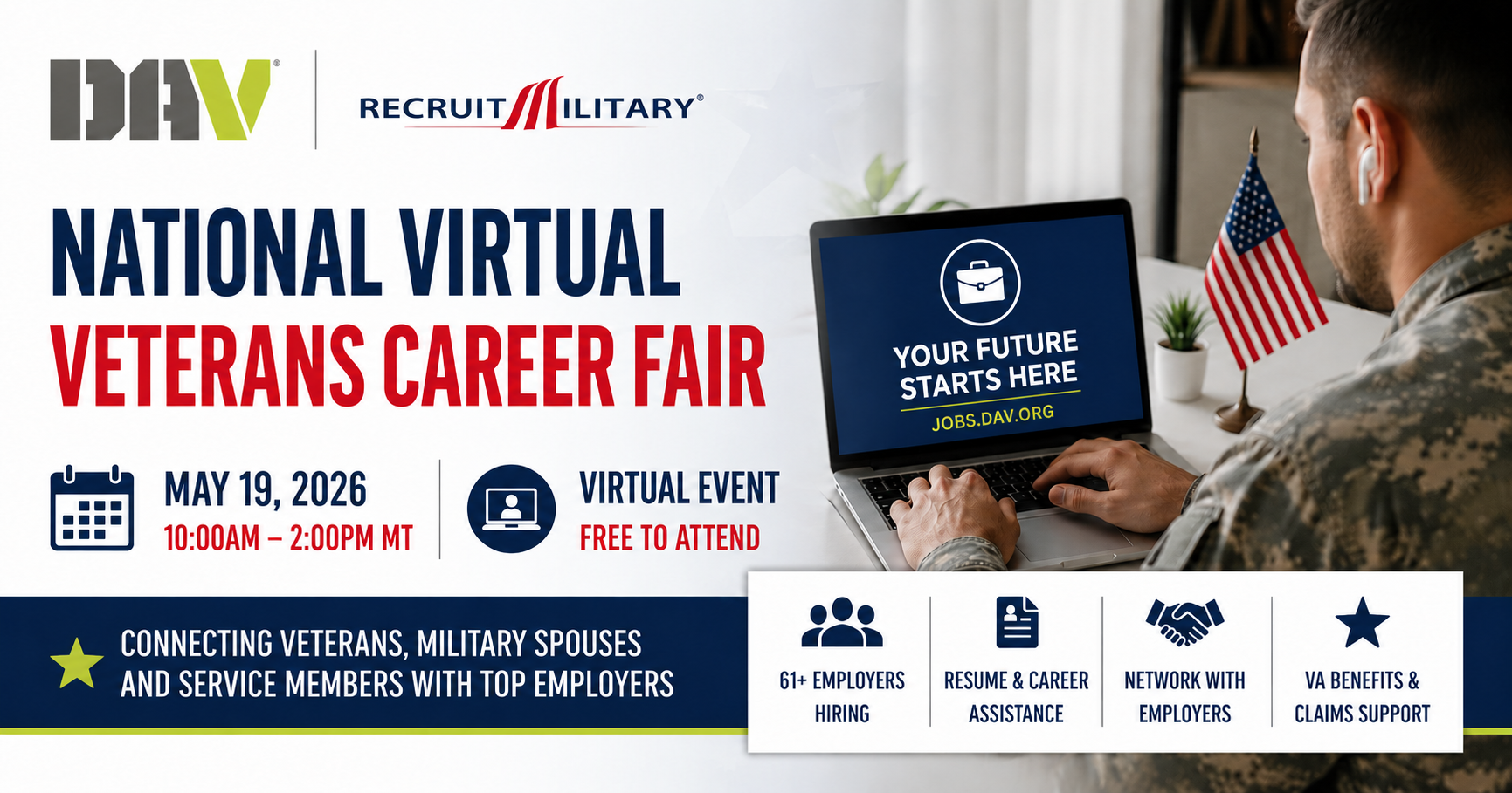 Promotional graphic for a DAV and RecruitMilitary virtual veterans career fair scheduled for May 19, 2026.