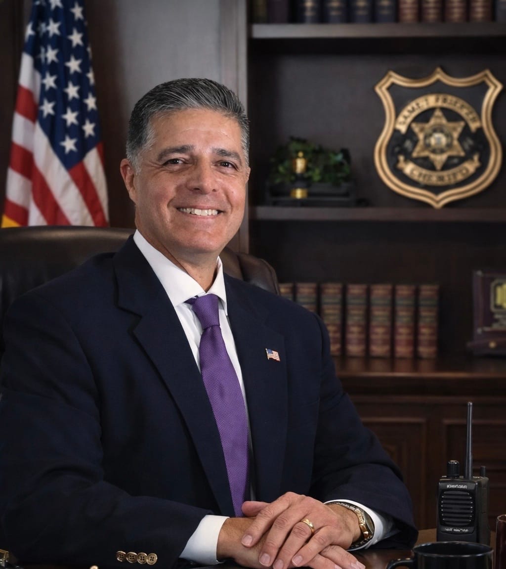 Democratic Doña Ana County sheriff candidate James Frietze poses for a portrait in an office with an American flag and sheriff emblem behind him.