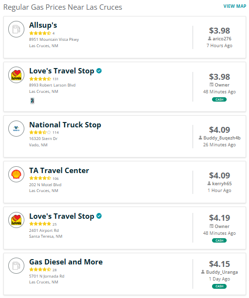 A GasBuddy listing shows regular gasoline prices at several stations in and around Las Cruces, including prices below $4 per gallon.