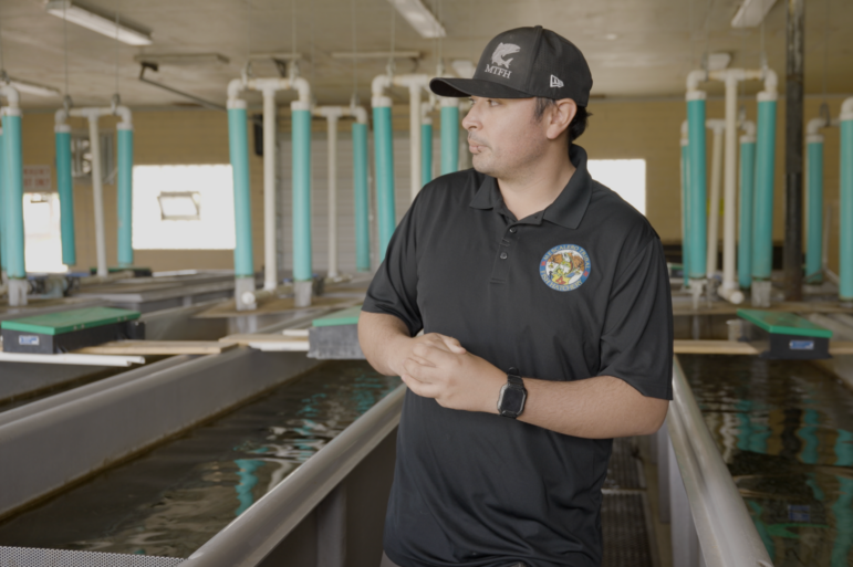 Man stands inside a fish hatchery facility next to a series of water tanks, looking across the room.