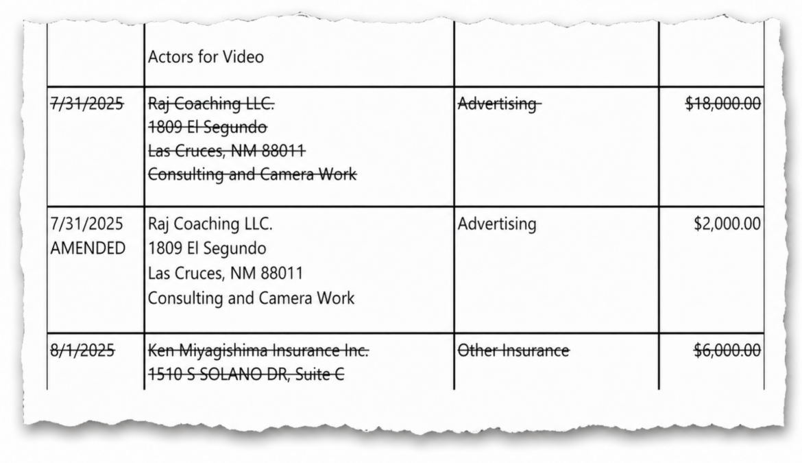 Screenshot of a campaign finance document showing original and amended in-kind contributions for Raj Coaching LLC, with amounts reduced from $18,000 to $2,000.