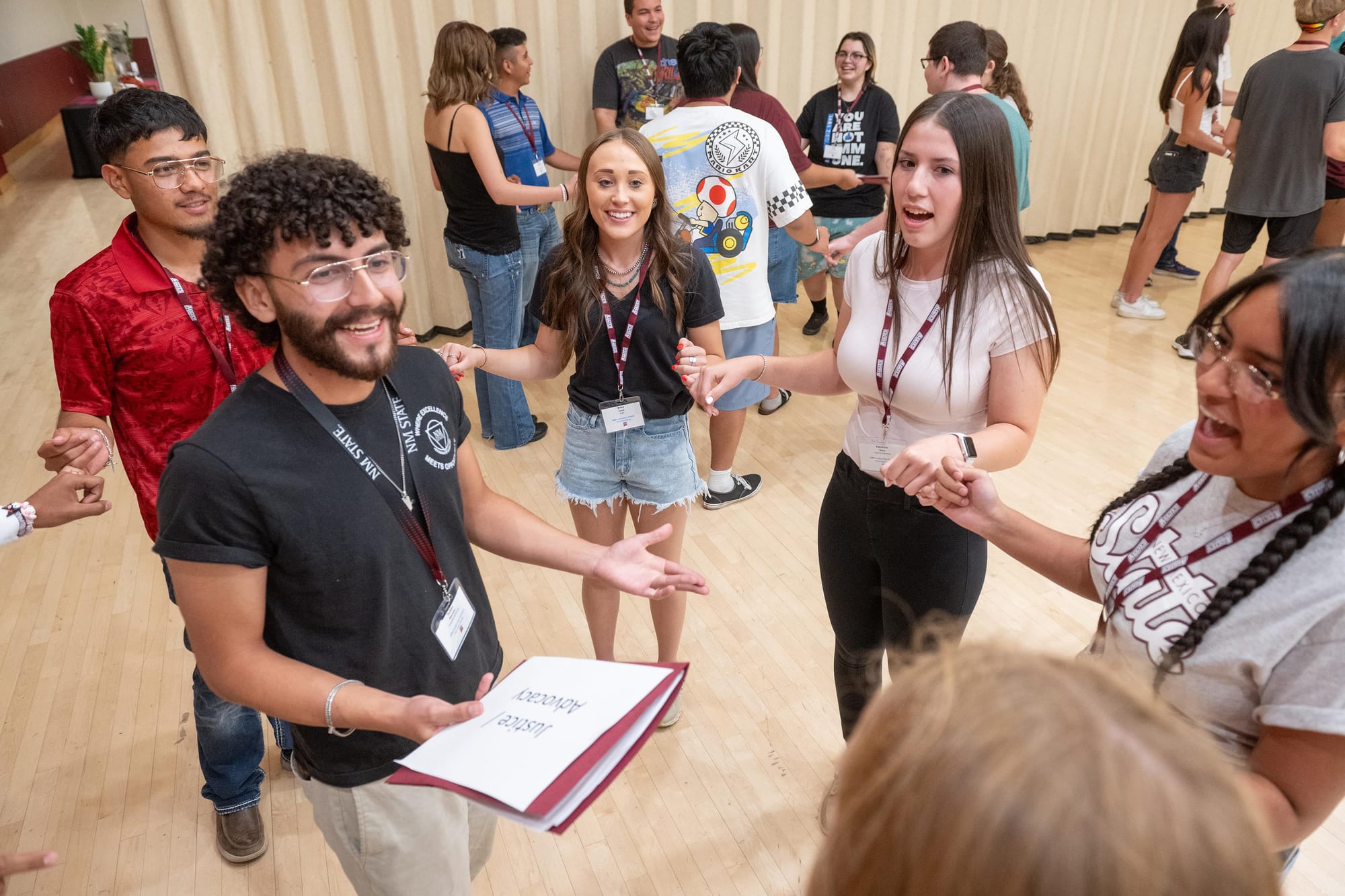 First-year NMSU students participate in a group team-building activity during the university’s 1888 Leadership Initiative program.