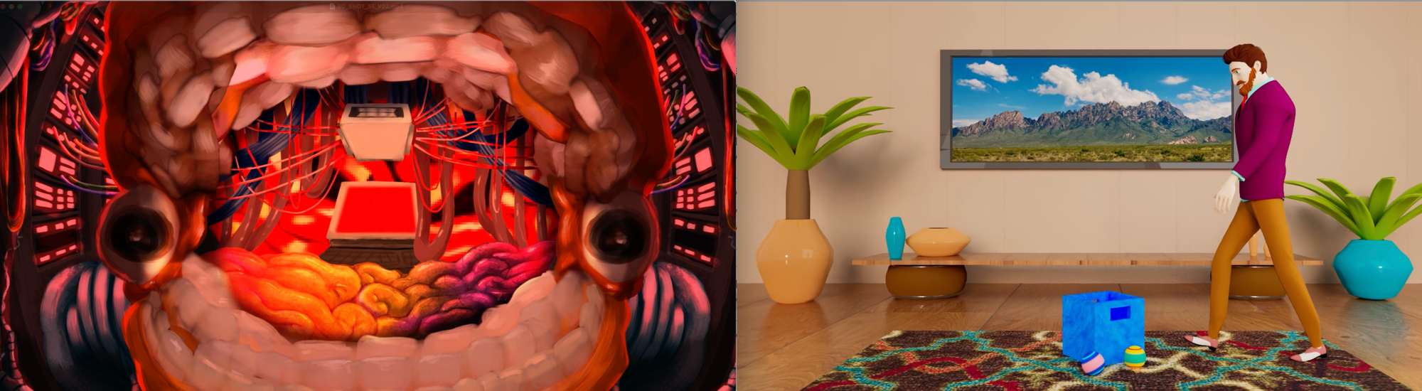 Split image showing two animated scenes created by New Mexico State University students Trevin Morales and Joshua Pettit as part of the university’s nationally ranked animation program.