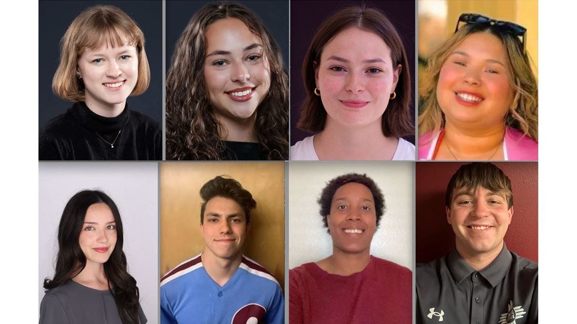Eight New Mexico State University journalism students selected for the 2026 New Mexico Local News Fund program are shown in a collage of headshots.
