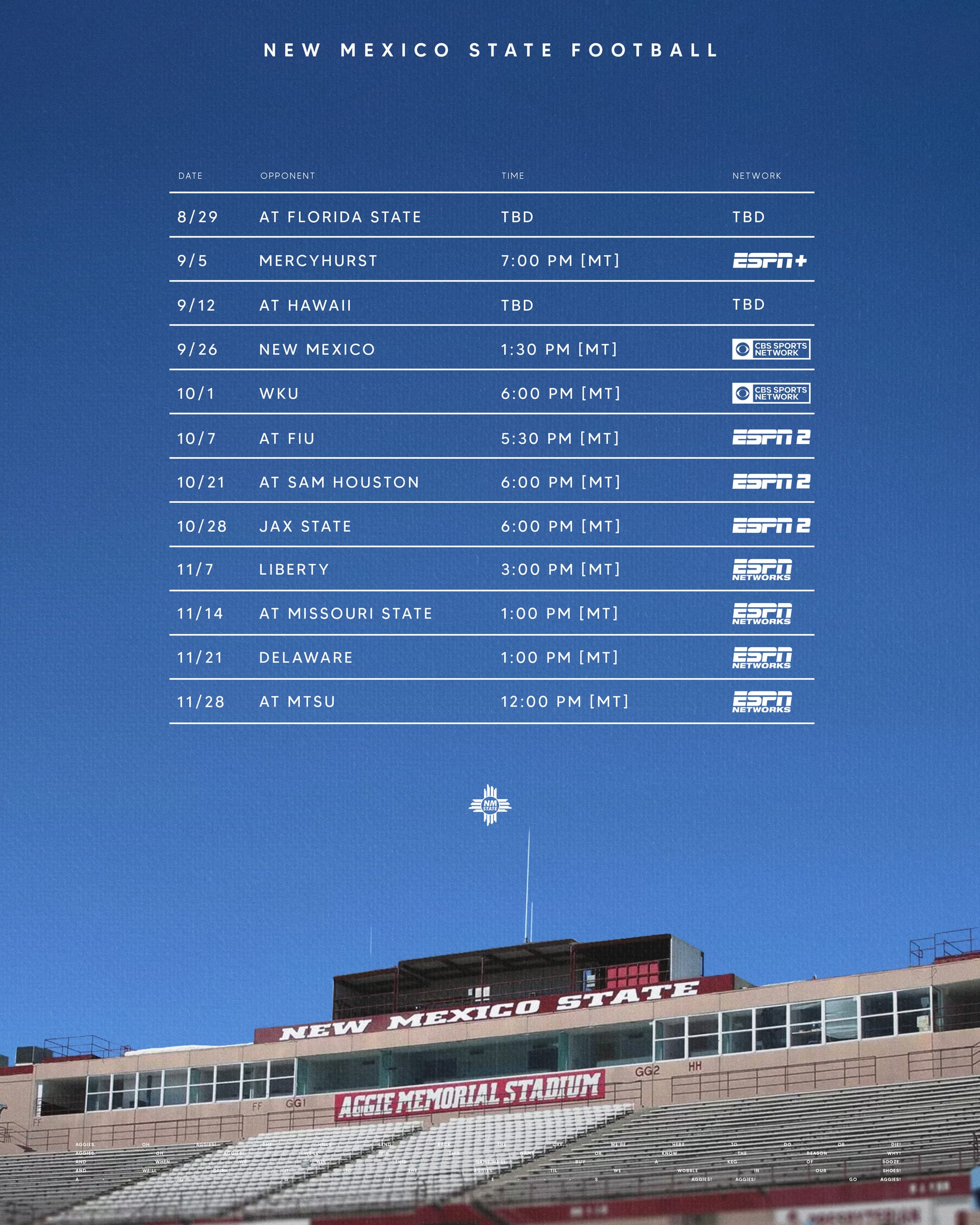 A New Mexico State football graphic lists kickoff times and television assignments for the Aggies’ 2026 schedule above a photo of Aggie Memorial Stadium.
