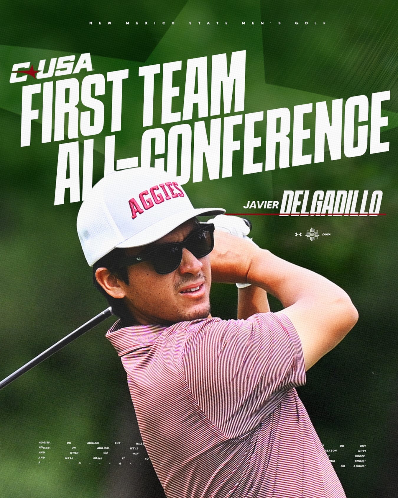 Graphic featuring NM State golfer Javier Delgadillo after earning First Team All-Conference USA honors.