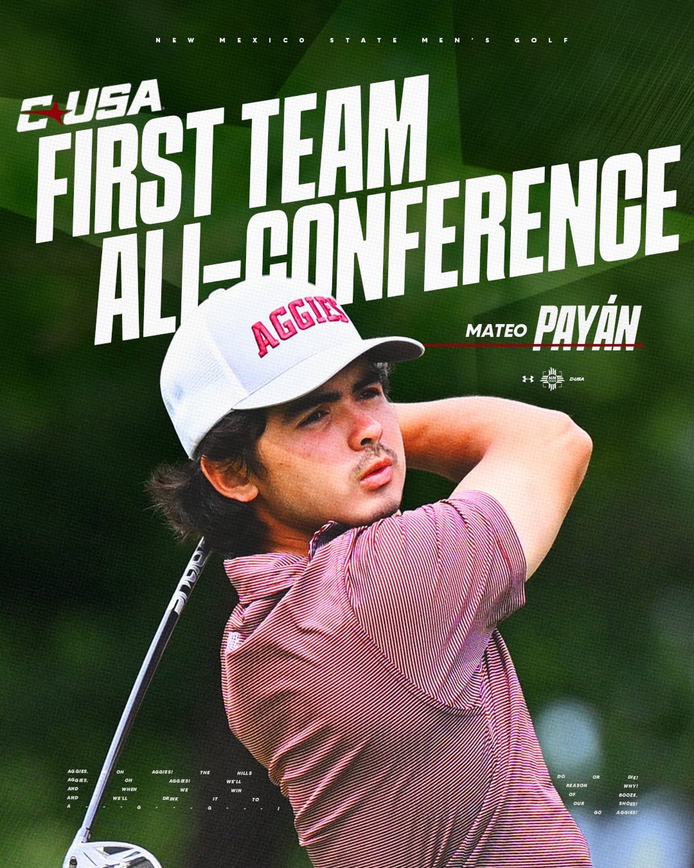 Graphic featuring NM State golfer Mateo Payán after earning First Team All-Conference USA honors.
