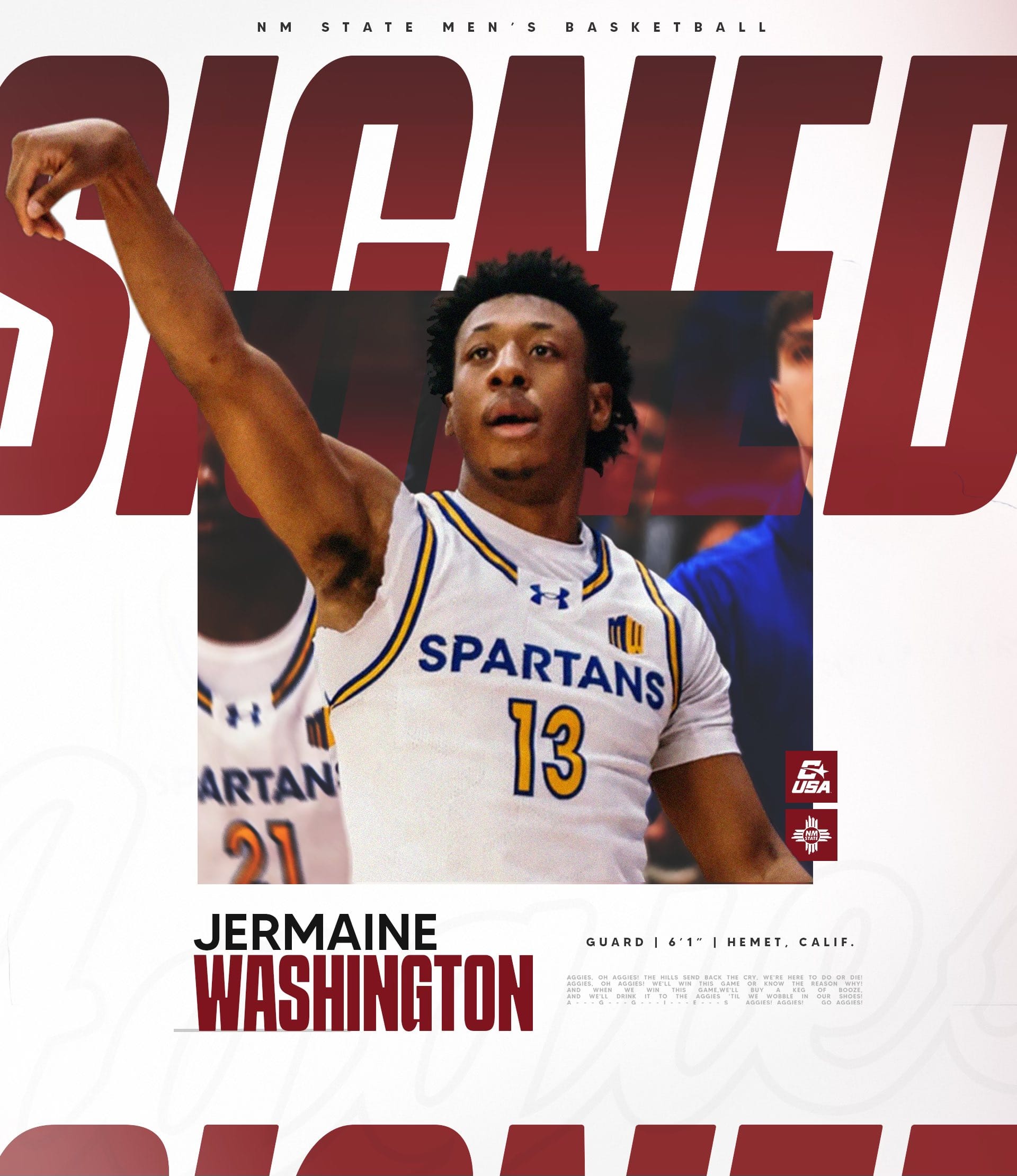 Promotional graphic showing new NM State men’s basketball signee Jermaine Washington in a San José State uniform taking a shot during a game.