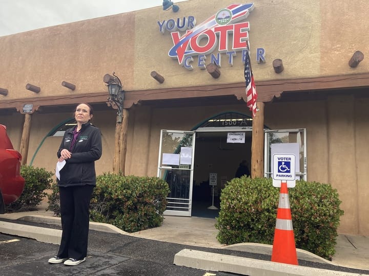 Bernalillo County Clerk Michelle Kavanaugh stands outside a downtown Albuquerque early voting site on the first day of early voting in New Mexico’s June 2 primary election.
