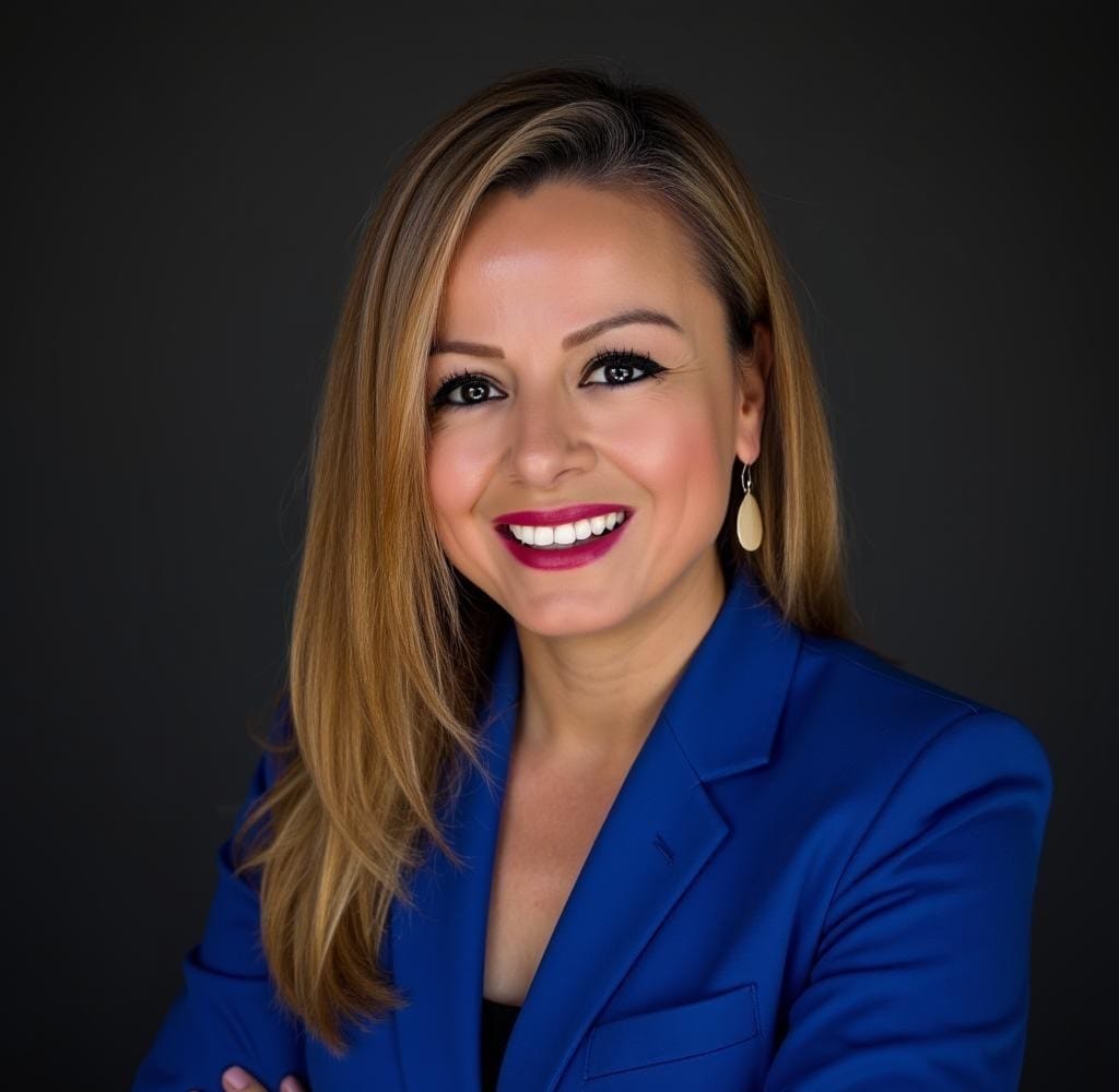 Democratic Doña Ana County sheriff candidate Vanessa Ordoñez poses for a portrait wearing a blue blazer against a dark background.