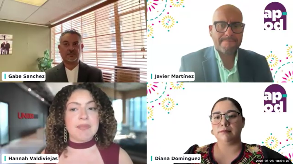Four webinar speakers appear in a video grid with their names displayed on screen.