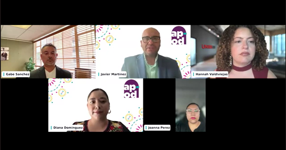 Five webinar participants appear in a video grid during a presentation on the 2026 National Latino Family Report.