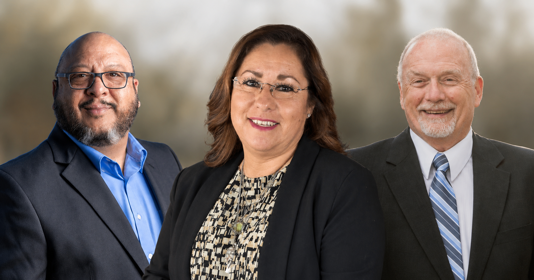 Ruben Ramon Reyes, Eugenia Montoya Ortega and Shannon Dale Reynolds in a three-person composite image for the Democratic primary for Doña Ana County assessor.