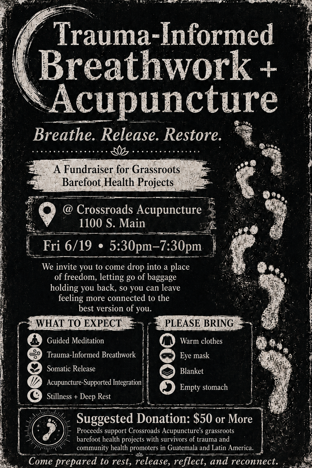 A flyer announces a trauma-informed breathwork and acupuncture fundraiser Friday at Crossroads Acupuncture in Las Cruces.