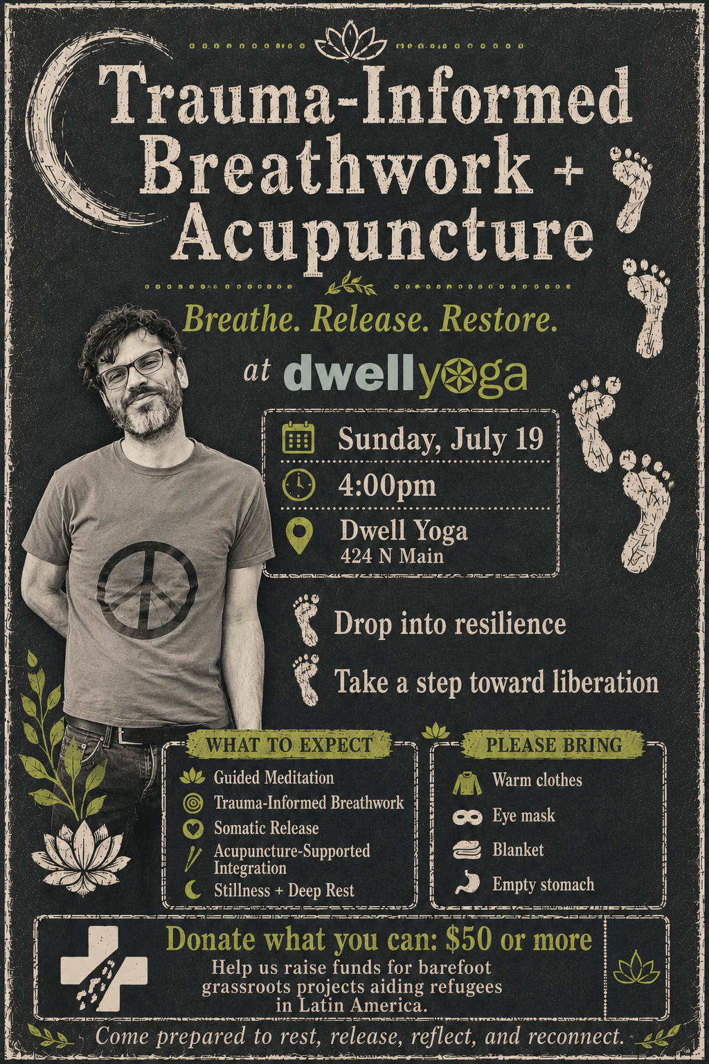 A flyer announces a trauma-informed breathwork and acupuncture fundraiser July 19 at Dwell Yoga in Las Cruces.