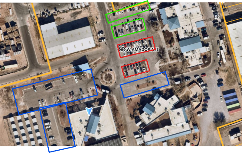 Aerial map of the Community of Hope campus parking lots, with colored outlines showing areas scheduled for restriping.