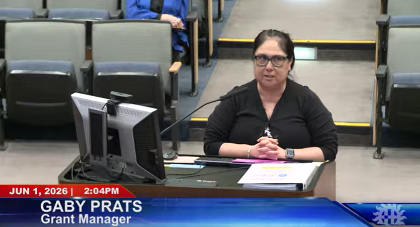 Las Cruces Grant Manager Gabriela Prats speaks at a podium during the June 1 City Council meeting.