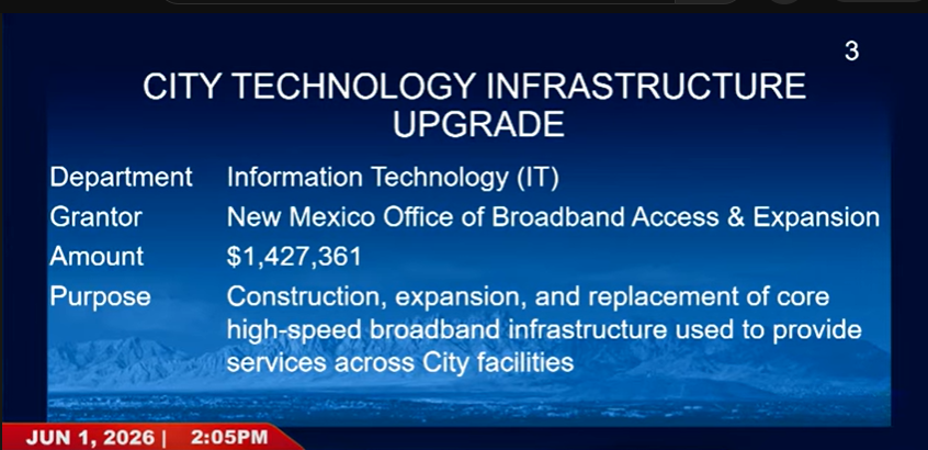 City presentation slide detailing a $1,427,361 grant for core high-speed broadband infrastructure upgrades across Las Cruces city facilities.