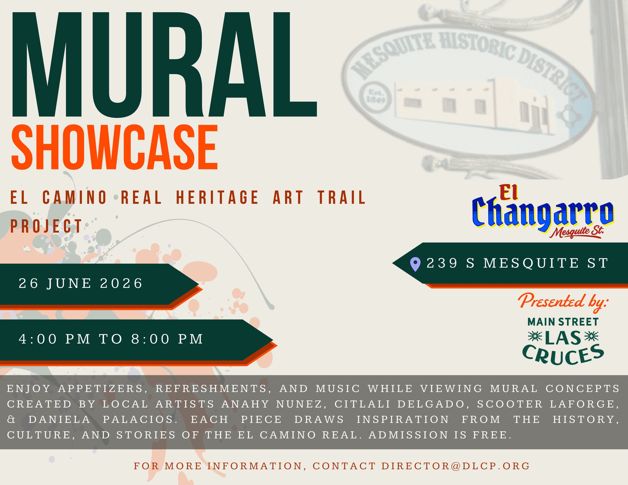 A flyer announces a June 26 mural showcase for the El Camino Real Heritage & Art Trail project at El Changarro.