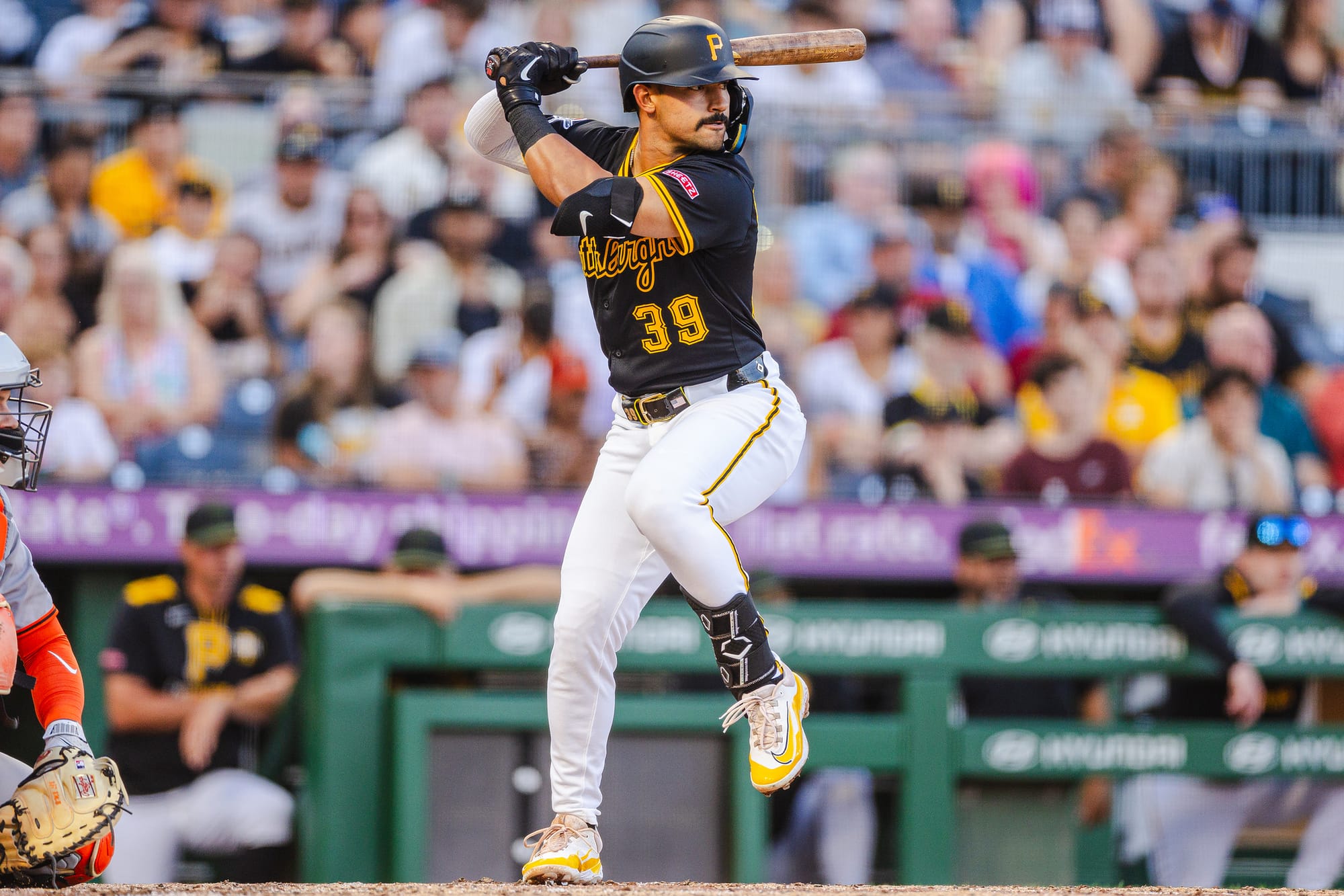 Pittsburgh Pirates infielder Nick Gonzales bats during a Major League Baseball game.