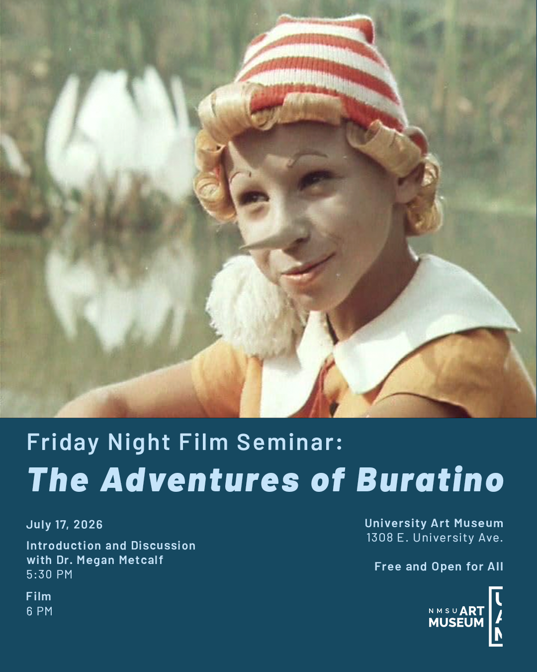 Promotional graphic for the NMSU University Art Museum screening of The Adventures of Buratino on July 17.