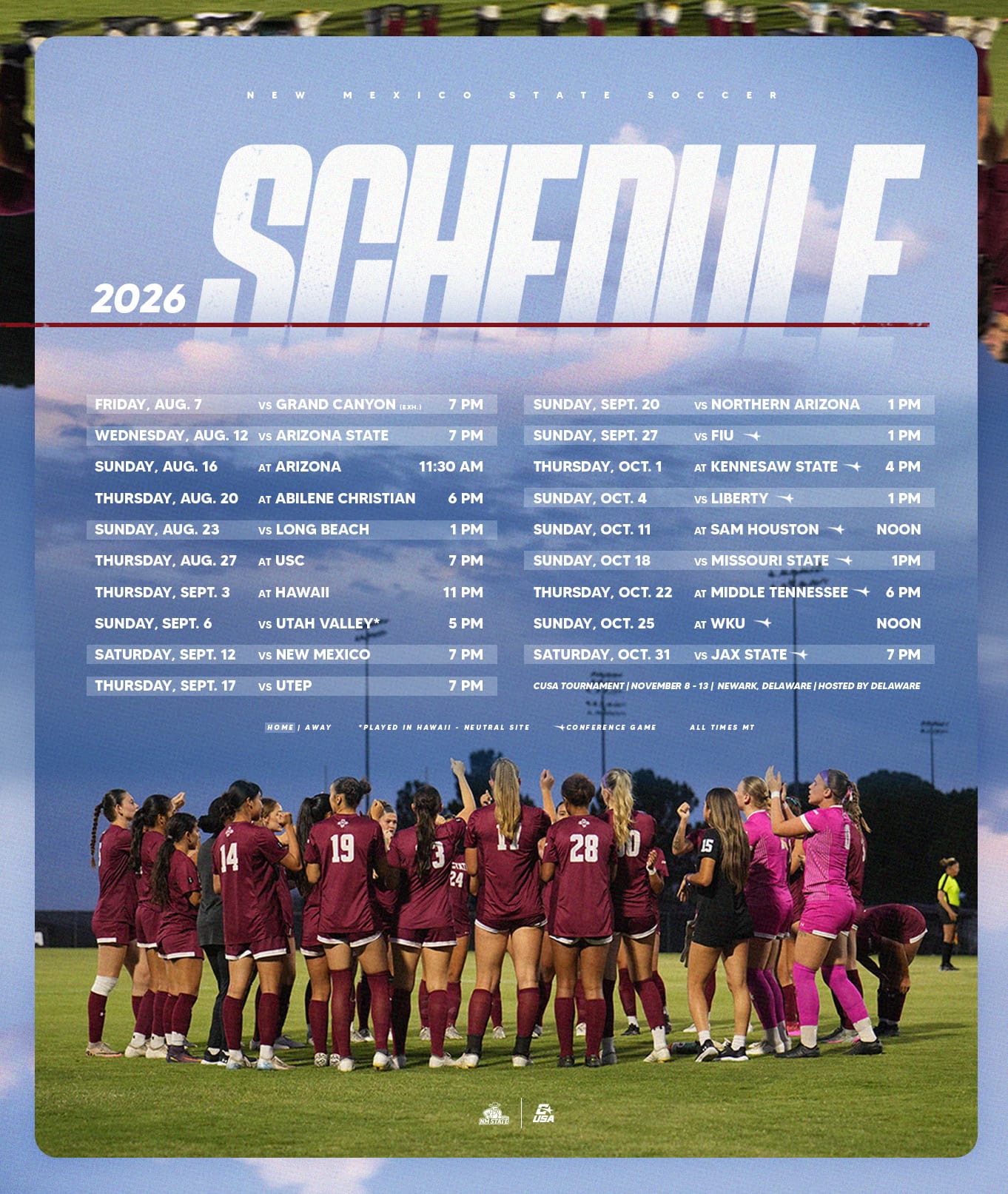 NM State women’s soccer 2026 schedule graphic listing 18 regular-season matches and one exhibition game, with a photo of Aggie players gathered on the field at the bottom.