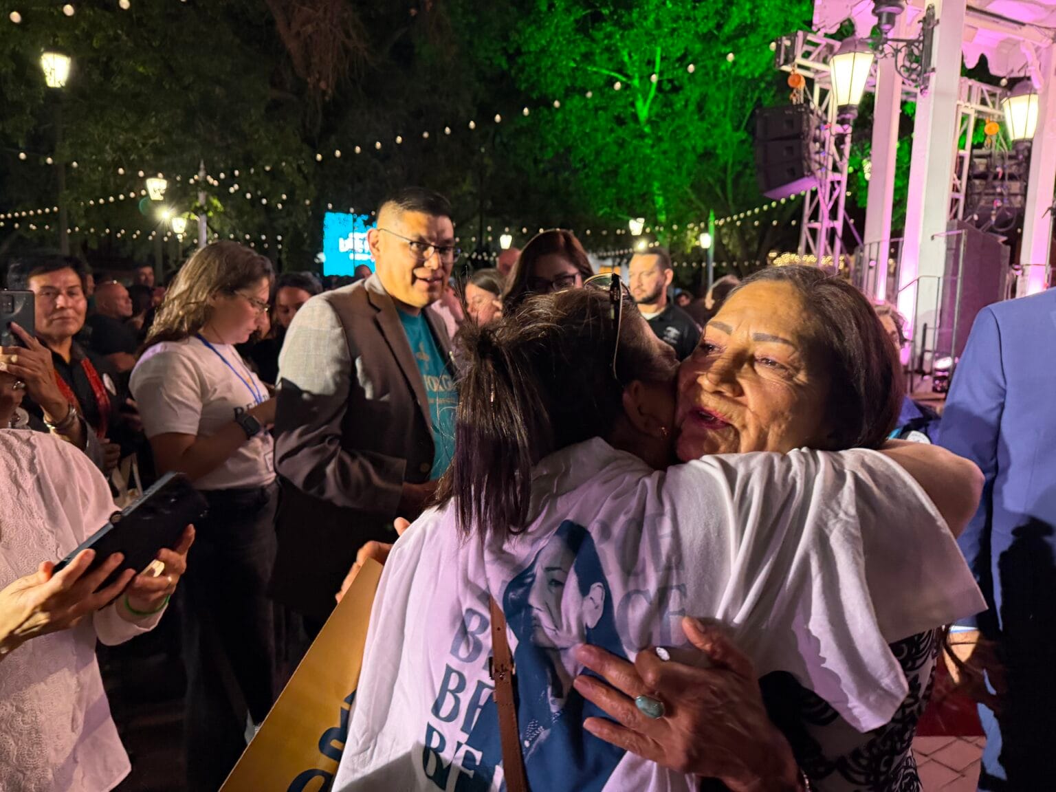 Deb Haaland hugs a supporter at an election-night event after winning the Democratic nomination for New Mexico governor.