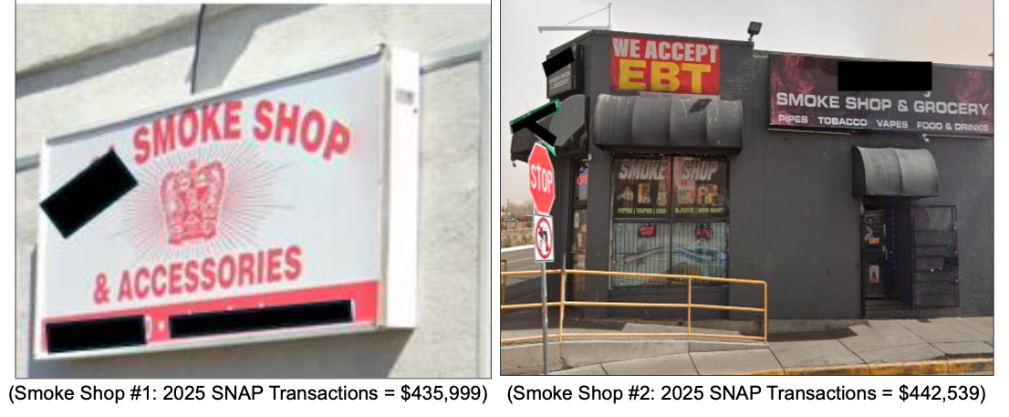 Side-by-side images of two New Mexico smoke shops that each received more than $400,000 in SNAP payments in 2025.