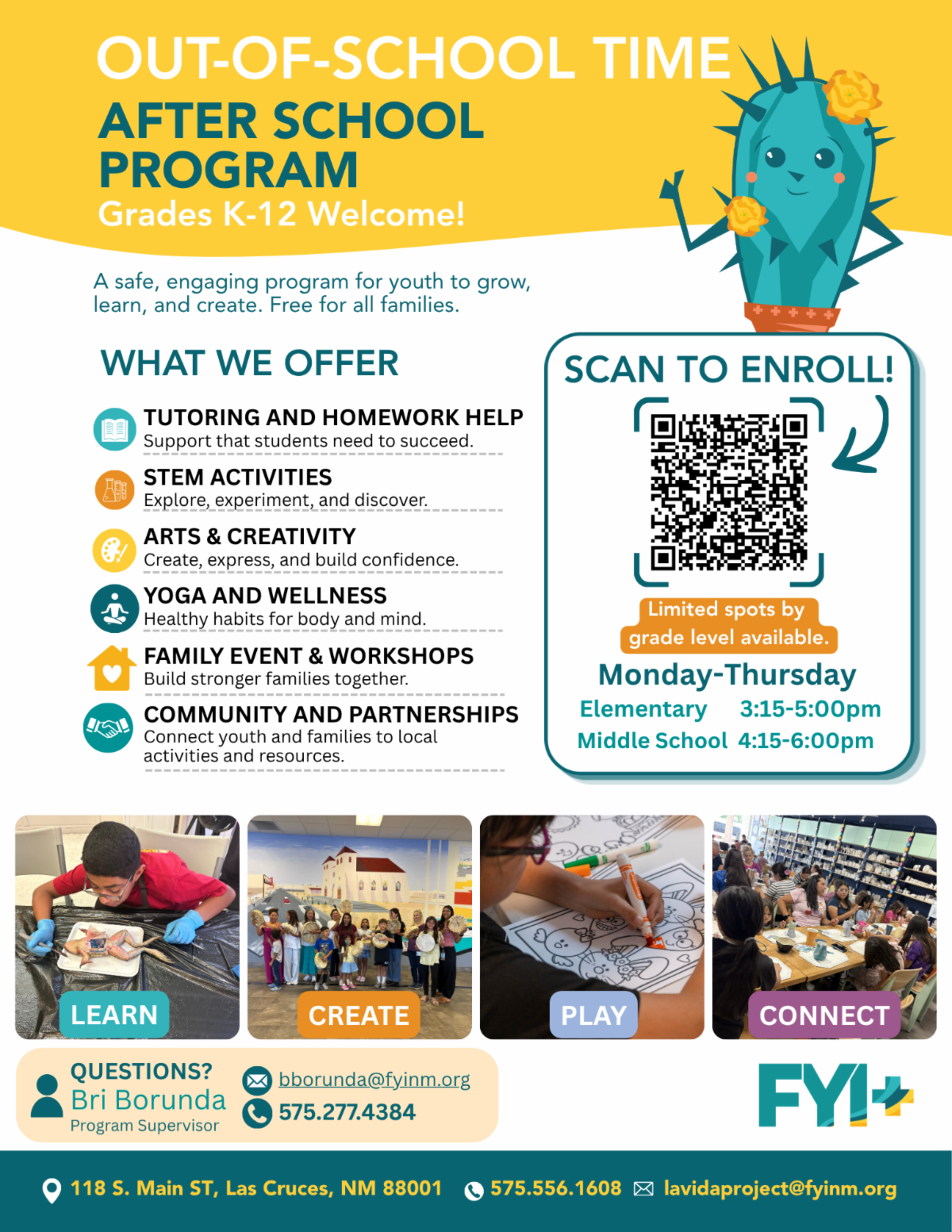 FYI+ flyer promoting a free Las Cruces after-school program for students in grades K-12 with tutoring, STEM, arts, wellness and family activities.