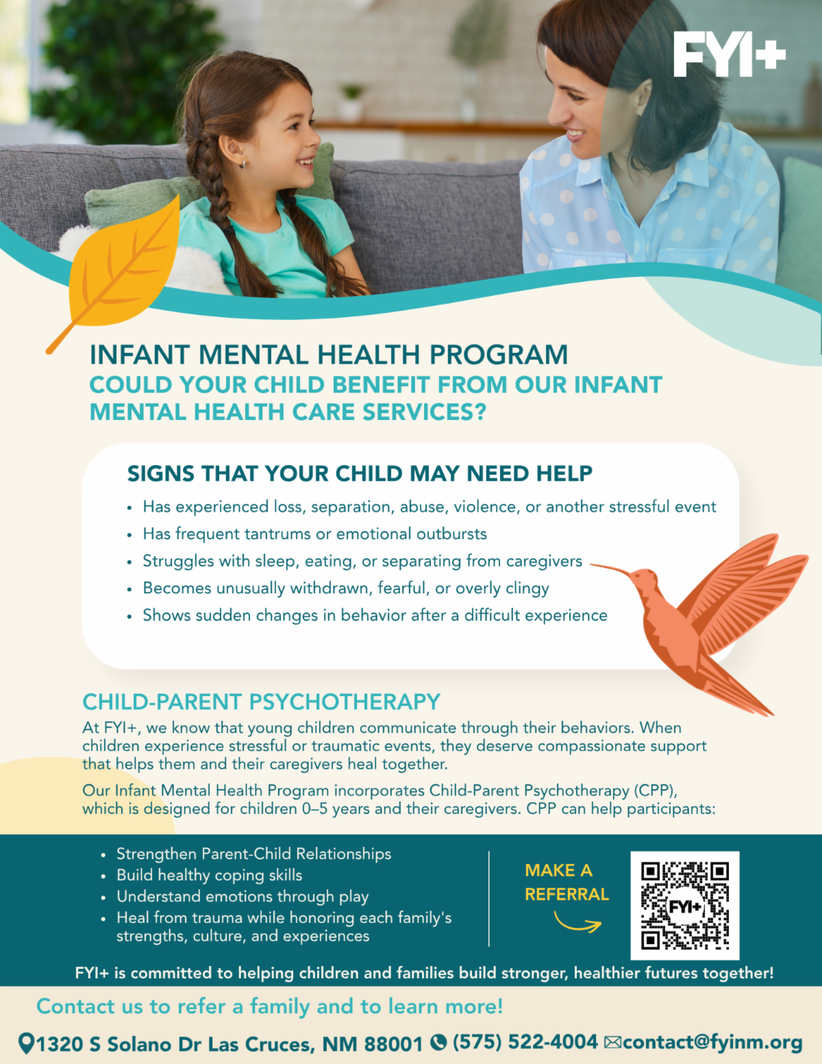 FYI+ flyer describing infant mental health services for children ages 5 and younger, including behavioral warning signs, therapy benefits and referral information.