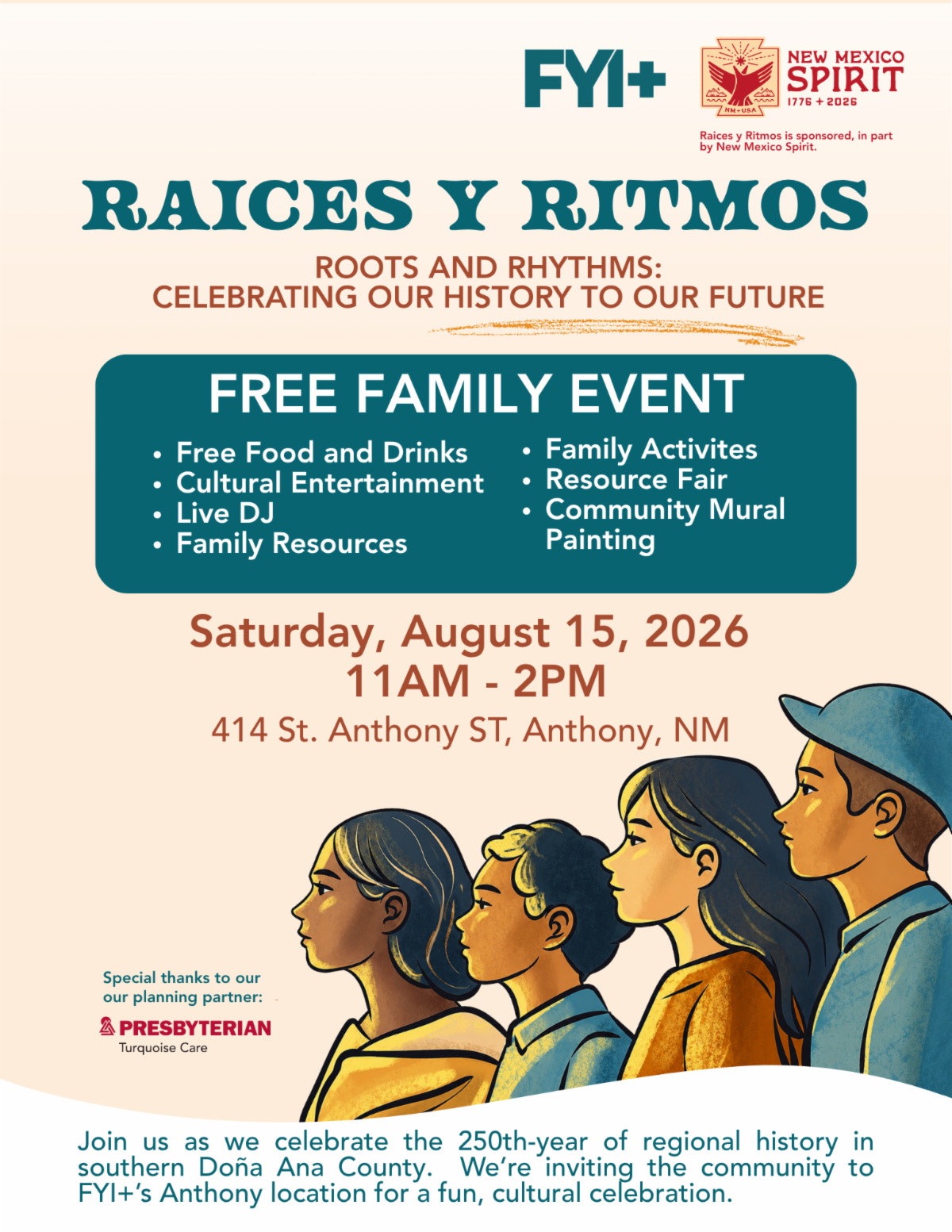 Flyer for Raíces y Ritmos, a free Aug. 15 family event in Anthony with food, cultural entertainment, activities, a resource fair and mural painting.