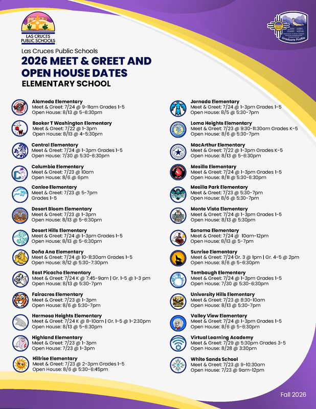 Las Cruces Public Schools graphic listing 2026 meet-and-greet and open house dates for all elementary schools in the district.