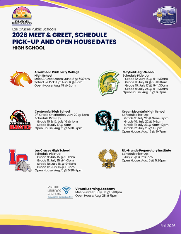 Las Cruces Public Schools graphic listing 2026 schedule pickup, meet-and-greet and open house dates for all district high schools.