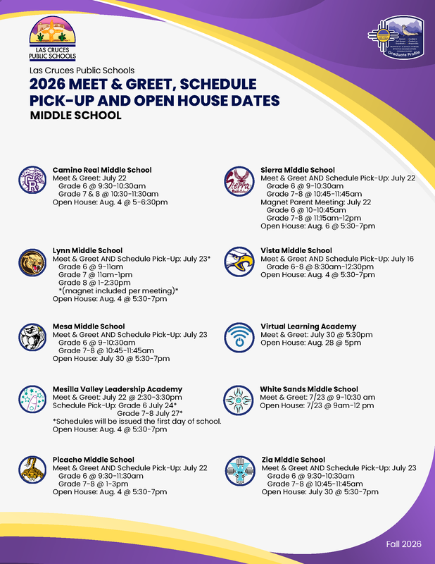 Las Cruces Public Schools graphic listing 2026 meet-and-greet, schedule pickup and open house dates for all middle schools in the district.